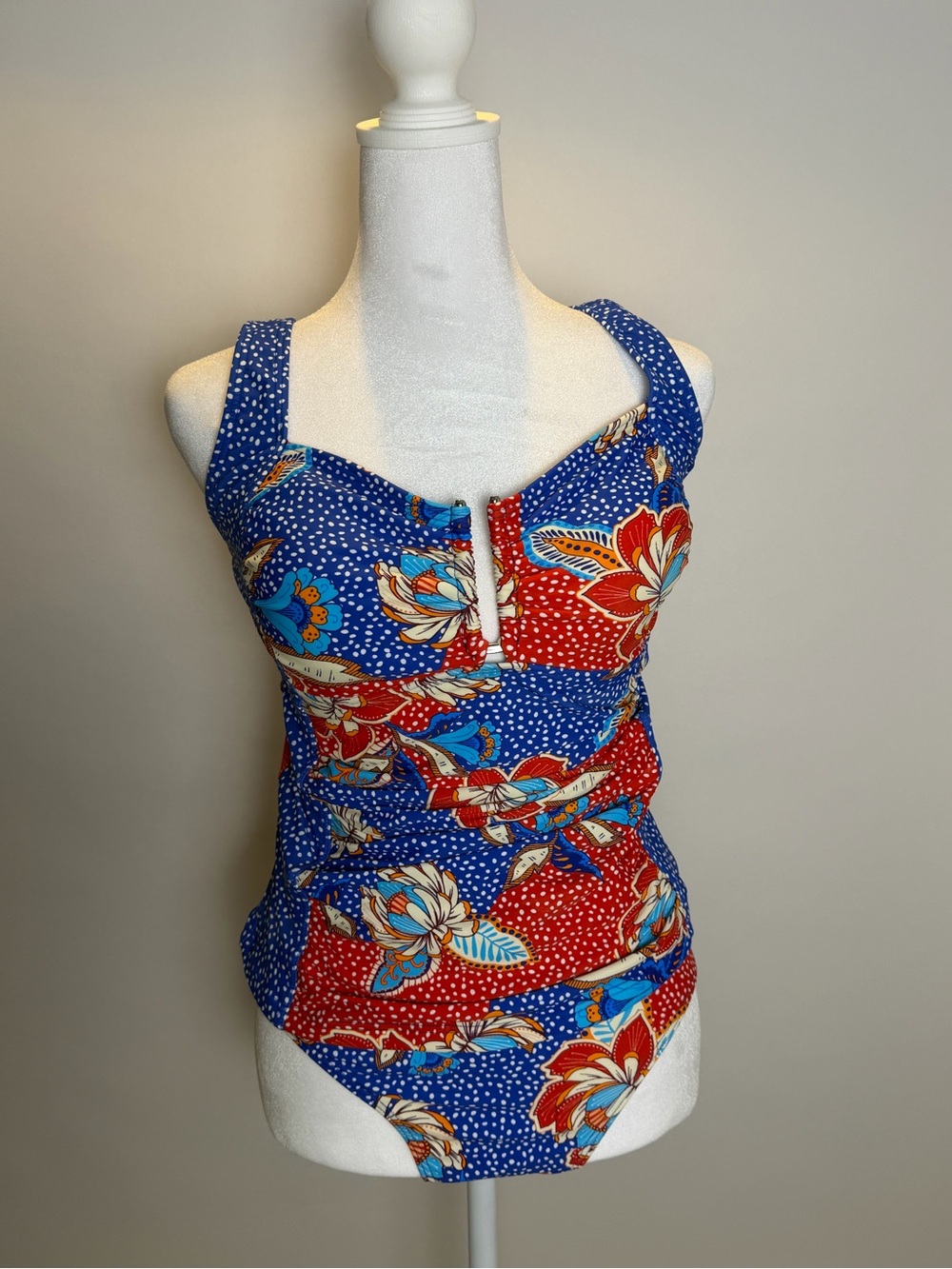 VENUS Blue and White Polka Dot Swim Tankini with Multicolor Floral Trim